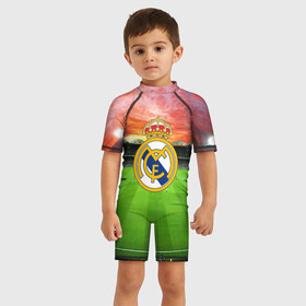 Детский купальный костюм 3D с принтом FC Real Madrid в Тюмени, Полиэстер 85%, Спандекс 15% | застежка на молнии на спине | real madrid | spain | испания | реал