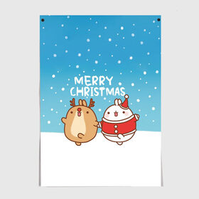 Постер с принтом Molang. Merry Christmas в Тюмени, 100% бумага
 | бумага, плотность 150 мг. Матовая, но за счет высокого коэффициента гладкости имеет небольшой блеск и дает на свету блики, но в отличии от глянцевой бумаги не покрыта лаком | chicken | christmas | deer | korea | molang | newyear | piupiu | rabbit | smow | snowflakes | winter | год | зима | корея | кролик | моланг | новый | олень | пиу | рождество | снег | снежинка