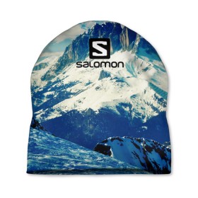 Шапка 3D с принтом SALOMON в Тюмени, 100% полиэстер | универсальный размер, печать по всей поверхности изделия | Тематика изображения на принте: salomon | горы | снег | спорт