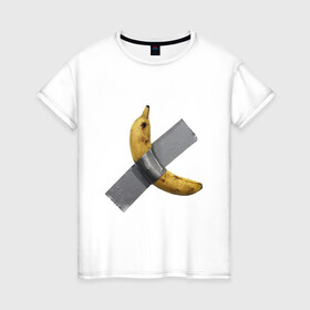 Женская футболка хлопок с принтом  Банан за 120 тысяч долларов в Тюмени, 100% хлопок | прямой крой, круглый вырез горловины, длина до линии бедер, слегка спущенное плечо | art basel | banan | mem | memas | meme | мем | мемас | мемчик