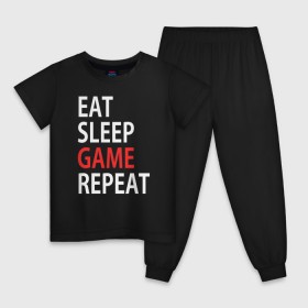 Детская пижама хлопок с принтом Eat sleep game repeat в Тюмени, 100% хлопок |  брюки и футболка прямого кроя, без карманов, на брюках мягкая резинка на поясе и по низу штанин
 | Тематика изображения на принте: bf | cod | cs go | dota 2 | eat sleep game repert | esgr | gamer | games | lol | mem | memes | pc | ps3 | ps4 | wow | xbox | ешь спи играй повтори | игра | игрок | игры | мем | мемы