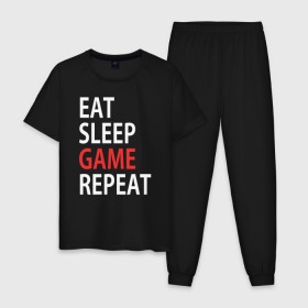 Мужская пижама хлопок с принтом Eat sleep game repeat в Тюмени, 100% хлопок | брюки и футболка прямого кроя, без карманов, на брюках мягкая резинка на поясе и по низу штанин
 | Тематика изображения на принте: bf | cod | cs go | dota 2 | eat sleep game repert | esgr | gamer | games | lol | mem | memes | pc | ps3 | ps4 | wow | xbox | ешь спи играй повтори | игра | игрок | игры | мем | мемы