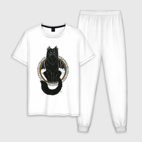 Мужская пижама хлопок с принтом Йольский кот в Тюмени, 100% хлопок | брюки и футболка прямого кроя, без карманов, на брюках мягкая резинка на поясе и по низу штанин
 | Тематика изображения на принте: йоль | йольский кот | кот | мифы | праздник | руны | солнцестояние | черный кот