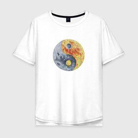Мужская футболка хлопок Oversize с принтом Луна (Инь-Янь) в Тюмени, 100% хлопок | свободный крой, круглый ворот, “спинка” длиннее передней части | инь янь | китайская культура | луна | планета | рисунок | фэншуй