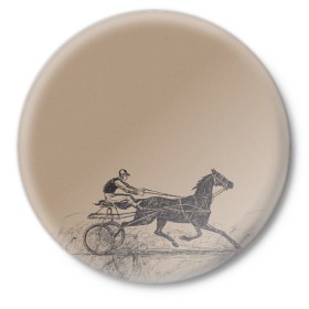 Значок с принтом лошадь с колесницей в Тюмени,  металл | круглая форма, металлическая застежка в виде булавки | животные | конный спорт | конь | лошадь | наездник | спорт