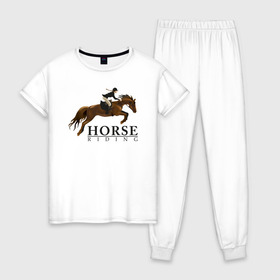 Женская пижама хлопок с принтом HORSE RIDING в Тюмени, 100% хлопок | брюки и футболка прямого кроя, без карманов, на брюках мягкая резинка на поясе и по низу штанин | Тематика изображения на принте: животные | конный спорт | конь | лошадь | наездник | спорт | стикер