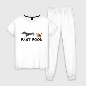 Женская пижама хлопок с принтом Fast food (цвет) в Тюмени, 100% хлопок | брюки и футболка прямого кроя, без карманов, на брюках мягкая резинка на поясе и по низу штанин | fast food | бег | быстрая еда | быстро | догнать | домашние животные | животные | забавные животные | кот | кот и пес | кошка | кошка бежит | кошка и собака | ловить | любителю кошек | пес | преследовать