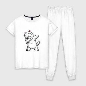 Женская пижама хлопок с принтом Dabbing Dog в Тюмени, 100% хлопок | брюки и футболка прямого кроя, без карманов, на брюках мягкая резинка на поясе и по низу штанин | 