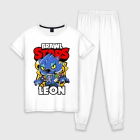 Женская пижама хлопок с принтом BRAWL STARS WEREWOLF LEON в Тюмени, 100% хлопок | брюки и футболка прямого кроя, без карманов, на брюках мягкая резинка на поясе и по низу штанин | brawl stars | brawl stars werewolf leon | brawler | leon | werewolf | бравл старз | бравлер | волк | леон | оборотень | оборотень леон