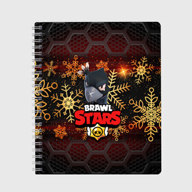 Тетрадь с принтом Новогодний BRAWL STARS CROW в Тюмени, 100% бумага | 48 листов, плотность листов — 60 г/м2, плотность картонной обложки — 250 г/м2. Листы скреплены сбоку удобной пружинной спиралью. Уголки страниц и обложки скругленные. Цвет линий — светло-серый
 | 2020 | android | background | brawl stars | crow | games | leon | mobile game | sn | stars | бравл старс | ворон | игры | леон | мобильные игры | синий | снег | снежинки | текстура | фон
