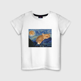 Детская футболка хлопок с принтом Звёздная ночь и коты в Тюмени, 100% хлопок | круглый вырез горловины, полуприлегающий силуэт, длина до линии бедер | Тематика изображения на принте: арт | ван гог | животные | звёздная ночь | искусство | картина | котик | коты | кошка | мем | прикол | смешная картинка | юмор
