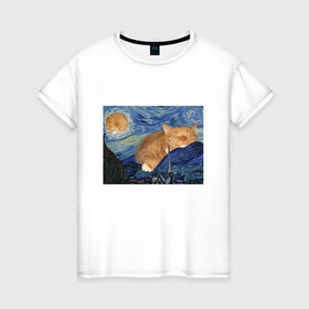 Женская футболка хлопок с принтом Звёздная ночь и коты в Тюмени, 100% хлопок | прямой крой, круглый вырез горловины, длина до линии бедер, слегка спущенное плечо | арт | ван гог | животные | звёздная ночь | искусство | картина | котик | коты | кошка | мем | прикол | смешная картинка | юмор