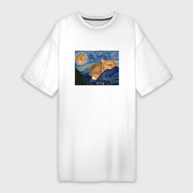 Платье-футболка хлопок с принтом Звёздная ночь и коты в Тюмени,  |  | арт | ван гог | животные | звёздная ночь | искусство | картина | котик | коты | кошка | мем | прикол | смешная картинка | юмор