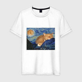 Мужская футболка хлопок с принтом Звёздная ночь и коты в Тюмени, 100% хлопок | прямой крой, круглый вырез горловины, длина до линии бедер, слегка спущенное плечо. | арт | ван гог | животные | звёздная ночь | искусство | картина | котик | коты | кошка | мем | прикол | смешная картинка | юмор