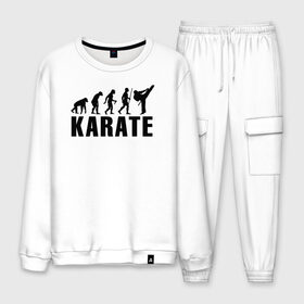 Мужской костюм хлопок с принтом Karate Evolution в Тюмени, 100% хлопок | на свитшоте круглая горловина, мягкая резинка по низу. Брюки заужены к низу, на них два вида карманов: два “обычных” по бокам и два объемных, с клапанами, расположенные ниже линии бедра. Брюки с мягкой трикотажной резинкой на поясе и по низу штанин. В поясе для дополнительного комфорта — широкие завязки | Тематика изображения на принте: боевое искусство | боец | карате | каратэ | каратэ боец | каратэ воин | каратэ до | карте кёкусинкай | кёкусинкай | киокусинкай | пустая рука | путь пустой руки | рука тан | самооборона