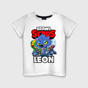 Детская футболка хлопок с принтом BRAWL STARS LEON в Тюмени, 100% хлопок | круглый вырез горловины, полуприлегающий силуэт, длина до линии бедер | brawl stars | brawl stars leon | brawler | leon | shark | werewolf | акула | бравл старз | бравлер | леон | оборотень