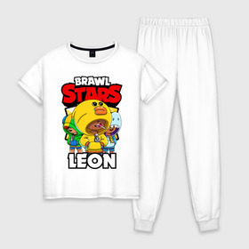 Женская пижама хлопок с принтом BRAWL STARS LEON в Тюмени, 100% хлопок | брюки и футболка прямого кроя, без карманов, на брюках мягкая резинка на поясе и по низу штанин | brawl stars | brawl stars leon | brawler | leon | sally | shark | акула | бравл старз | бравлер | леон | салли