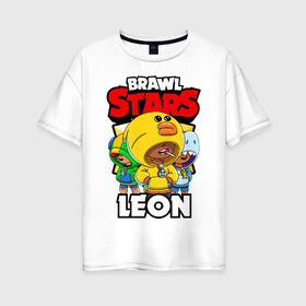Женская футболка хлопок Oversize с принтом BRAWL STARS LEON в Тюмени, 100% хлопок | свободный крой, круглый ворот, спущенный рукав, длина до линии бедер
 | brawl stars | brawl stars leon | brawler | leon | sally | shark | акула | бравл старз | бравлер | леон | салли