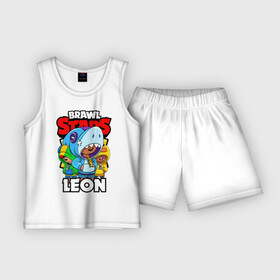 Детская пижама с шортами хлопок с принтом BRAWL STARS LEON в Тюмени,  |  | brawl stars | brawl stars leon | brawler | leon | sally | shark | werewolf | акула | бравл старз | бравлер | леон | оборотень | салли
