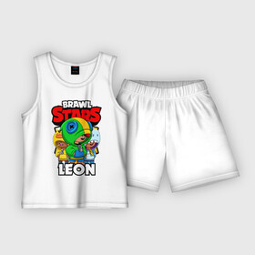 Детская пижама с шортами хлопок с принтом BRAWL STARS LEON в Тюмени,  |  | brawl stars | brawl stars leon | brawler | leon | sally | shark | акула | бравл старз | бравлер | леон | салли