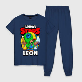 Женская пижама хлопок с принтом BRAWL STARS LEON в Тюмени, 100% хлопок | брюки и футболка прямого кроя, без карманов, на брюках мягкая резинка на поясе и по низу штанин | brawl stars | brawl stars leon | brawler | leon | sally | shark | акула | бравл старз | бравлер | леон | салли