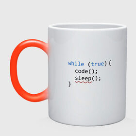 Кружка хамелеон с принтом Code - sleep в Тюмени, керамика | меняет цвет при нагревании, емкость 330 мл | Тематика изображения на принте: c | c++ | code | coder | computer | hacker | java | programm | tag | жизнь | код | кодер | программа | программист | сон | хакер | хочу спать