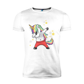 Мужская футболка хлопок Slim с принтом Единорог в Тюмени, 92% хлопок, 8% лайкра | приталенный силуэт, круглый вырез ворота, длина до линии бедра, короткий рукав | art | dab | love candy | rainbow unicorn | stars | unicorn | арт | единорог | звезды | радужный единорог
