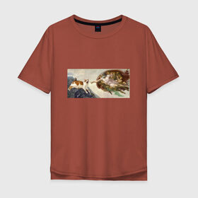 Мужская футболка хлопок Oversize с принтом Сотворение Адама и кот в Тюмени, 100% хлопок | свободный крой, круглый ворот, “спинка” длиннее передней части | mem | memes | весело | искусство | кот | котик | мем | прикол | сотворение адама
