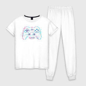 Женская пижама хлопок с принтом &lt,Glitched&gt, reality в Тюмени, 100% хлопок | брюки и футболка прямого кроя, без карманов, на брюках мягкая резинка на поясе и по низу штанин | game | gamepad | glitch | joystick | глитч | джойстик | игры | сбой