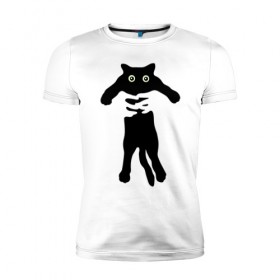 Мужская футболка премиум с принтом Черный кот в руках в Тюмени, 92% хлопок, 8% лайкра | приталенный силуэт, круглый вырез ворота, длина до линии бедра, короткий рукав | cat | в руках | глаза | животное | кот | котенок | кошка | милый | черный