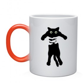 Кружка хамелеон с принтом Черный кот в руках в Тюмени, керамика | меняет цвет при нагревании, емкость 330 мл | cat | в руках | глаза | животное | кот | котенок | кошка | милый | черный