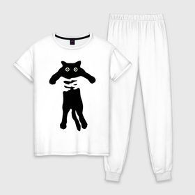 Женская пижама хлопок с принтом Черный кот в руках в Тюмени, 100% хлопок | брюки и футболка прямого кроя, без карманов, на брюках мягкая резинка на поясе и по низу штанин | cat | в руках | глаза | животное | кот | котенок | кошка | милый | черный