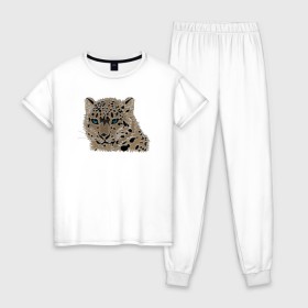 Женская пижама хлопок с принтом Metallized Snow Leopard в Тюмени, 100% хлопок | брюки и футболка прямого кроя, без карманов, на брюках мягкая резинка на поясе и по низу штанин | барс | ирбис | леопард | портрет барса | портрет леопарда | портрет ягуара | снежный барс | хищник | ягуар