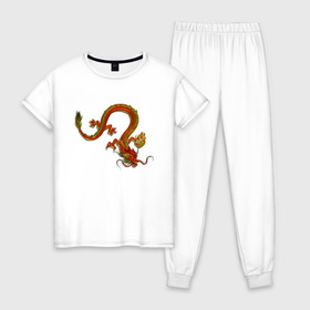 Женская пижама хлопок с принтом Metallized Red Dragon в Тюмени, 100% хлопок | брюки и футболка прямого кроя, без карманов, на брюках мягкая резинка на поясе и по низу штанин | Тематика изображения на принте: азиатский дракон | восточный дракон | год дракона | дракон | змей | китайский дракон | китайский змей | красный дракон | металлический дракон | огненный дракон | японский дракон | яркий дракон