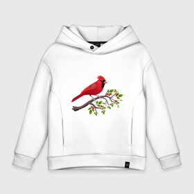 Детское худи Oversize хлопок с принтом Красный кардинал в Тюмени, френч-терри — 70% хлопок, 30% полиэстер. Мягкий теплый начес внутри —100% хлопок | боковые карманы, эластичные манжеты и нижняя кромка, капюшон на магнитной кнопке | Тематика изображения на принте: cardinalis cardinalis | красный кардинал | новогодняя птица | птица | птичка | рождественская птица