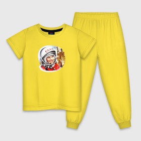 Детская пижама хлопок с принтом Гагарин № 1 в Тюмени, 100% хлопок |  брюки и футболка прямого кроя, без карманов, на брюках мягкая резинка на поясе и по низу штанин
 | Тематика изображения на принте: 12 апреля | alekseevich | firs | gagarin | yuri | автограф | алексеевич | апрель | астронавт | восток | гагарин | день | космонавт | космонавтики | космос | первый | поехали | россия | русский | советский | ссср | юрий