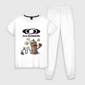 Женская пижама хлопок с принтом SAMOGON в Тюмени, 100% хлопок | брюки и футболка прямого кроя, без карманов, на брюках мягкая резинка на поясе и по низу штанин | антибренд | прикол | приколы | самогон | юмор
