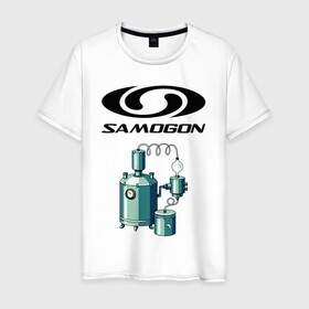 Мужская футболка хлопок с принтом SAMOGON в Тюмени, 100% хлопок | прямой крой, круглый вырез горловины, длина до линии бедер, слегка спущенное плечо. | Тематика изображения на принте: salomon | прикол | приколы | самогон | шутка | юмор