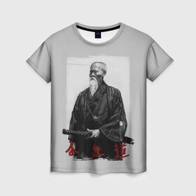Женская футболка 3D с принтом Морихэй Уэсиба в Тюмени, 100% полиэфир ( синтетическое хлопкоподобное полотно) | прямой крой, круглый вырез горловины, длина до линии бедер | aikido | аикидо | айкидо | восточные единоборства | единоборства | морихей уэсиба