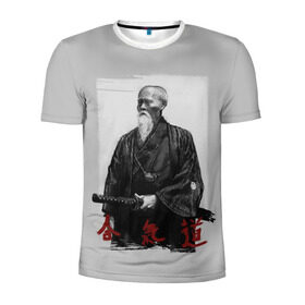 Мужская футболка 3D спортивная с принтом Морихэй Уэсиба в Тюмени, 100% полиэстер с улучшенными характеристиками | приталенный силуэт, круглая горловина, широкие плечи, сужается к линии бедра | aikido | аикидо | айкидо | восточные единоборства | единоборства | морихей уэсиба
