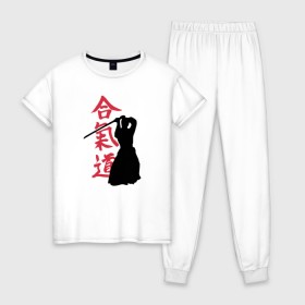 Женская пижама хлопок с принтом Айкидо в Тюмени, 100% хлопок | брюки и футболка прямого кроя, без карманов, на брюках мягкая резинка на поясе и по низу штанин | aikido | аикидо | айкидо | восточные единоборства | единоборства | морихей уэсиба