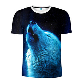 Мужская футболка 3D спортивная с принтом Волк воет на луну в Тюмени, 100% полиэстер с улучшенными характеристиками | приталенный силуэт, круглая горловина, широкие плечи, сужается к линии бедра | Тематика изображения на принте: волк | животные | зверь | ночь | фото | хищник