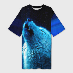 Платье-футболка 3D с принтом Волк воет на луну в Тюмени,  |  | волк | животные | зверь | ночь | фото | хищник
