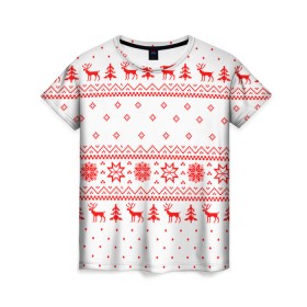 Женская футболка 3D с принтом НОВОГОДНИЙ СВИТЕР С ОЛЕНЯМИ в Тюмени, 100% полиэфир ( синтетическое хлопкоподобное полотно) | прямой крой, круглый вырез горловины, длина до линии бедер | deer | happy new year | merry christmas | new year | дед мороз | новогодний | новый год | олени | праздник | санта | свитер | свитер с оленями