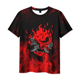 Мужская футболка 3D с принтом CYBERPUNK 2077 KEANU REEVES в Тюмени, 100% полиэфир | прямой крой, круглый вырез горловины, длина до линии бедер | bright | cd project red | cyberpunk 2077 | fire | flame | heat | keanu reeves | light | samurai | wildfire | искры | киану ривз | киберпанк 2077 | огненный | огонь | пламя | пожар | самураи