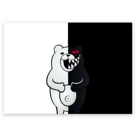 Поздравительная открытка с принтом MONOKUMA  в Тюмени, 100% бумага | плотность бумаги 280 г/м2, матовая, на обратной стороне линовка и место для марки
 | anime | bear | black  white | danganronpa | kurokuma | monodam | monokuma | monomi | monotaro | rabbit | school | shirokuma | аниме | главарь | мoноми | монокума | черно белый | школа