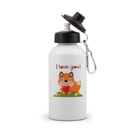 Бутылка спортивная с принтом влюбленная лисичка i love you! в Тюмени, металл | емкость — 500 мл, в комплекте две пластиковые крышки и карабин для крепления | 