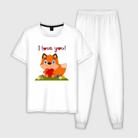Мужская пижама хлопок с принтом влюбленная лисичка i love you! в Тюмени, 100% хлопок | брюки и футболка прямого кроя, без карманов, на брюках мягкая резинка на поясе и по низу штанин
 | 