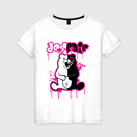 Женская футболка хлопок с принтом MONOKUMA в Тюмени, 100% хлопок | прямой крой, круглый вырез горловины, длина до линии бедер, слегка спущенное плечо | anime | bear | black | danganronpa | japan | monokuma | white | аниме | белое | медведь | монокума | черное | япония