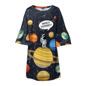 Детское платье 3D с принтом Where is Everybody? в Тюмени, 100% полиэстер | прямой силуэт, чуть расширенный к низу. Круглая горловина, на рукавах — воланы | Тематика изображения на принте: science | астронавт | астрономия | венера | земля | космонавт | космос | наука | научный | планеты | юпитер